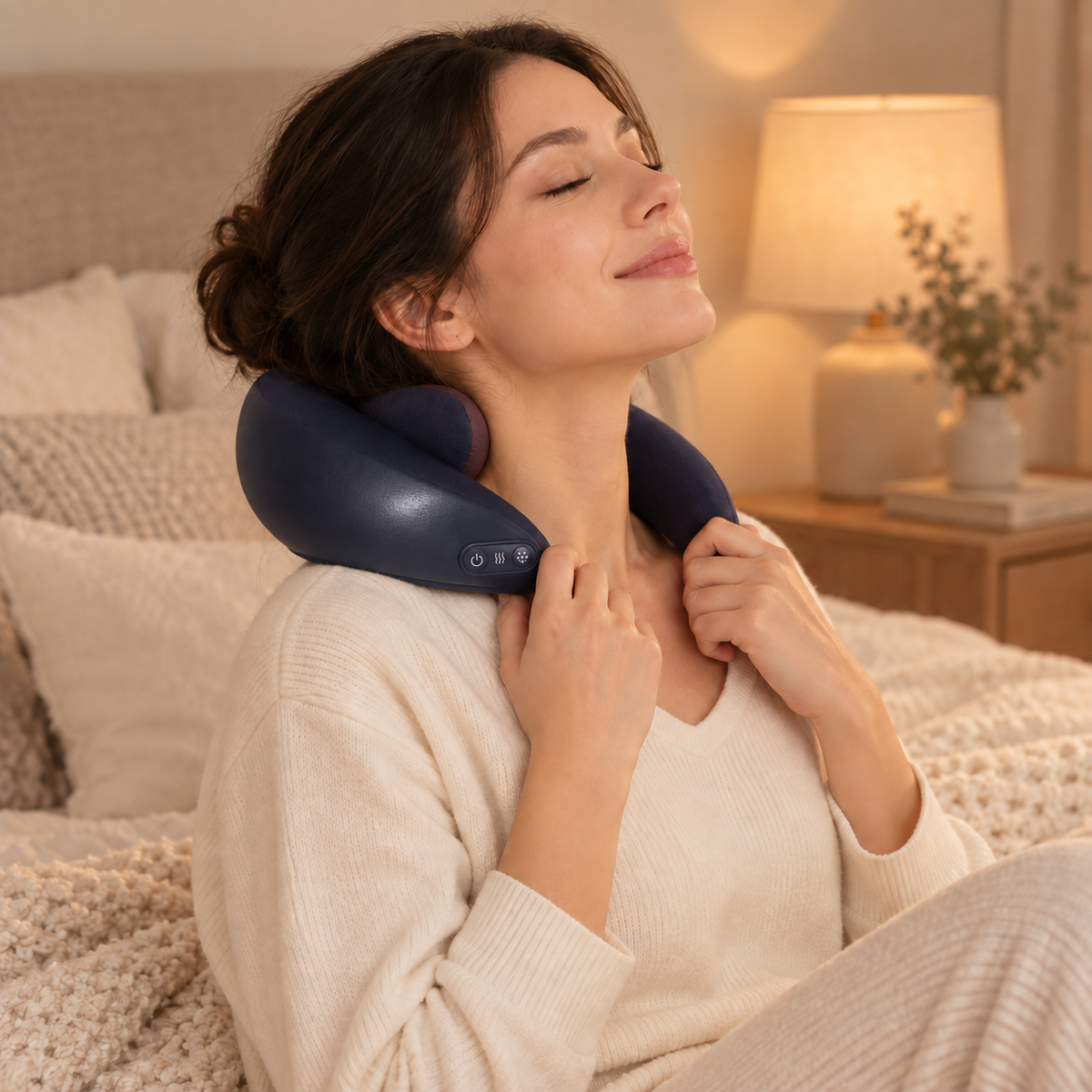Rechargeable warming neck and back massager shown in comfortable at-home use