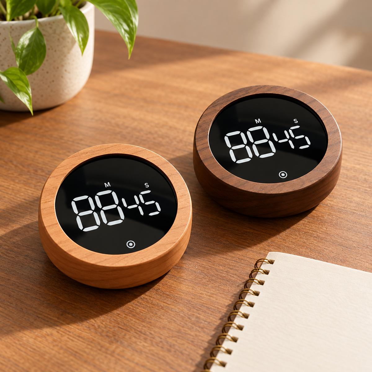 Wood-Look Focus Timer hero mockup in a warm neutral setting