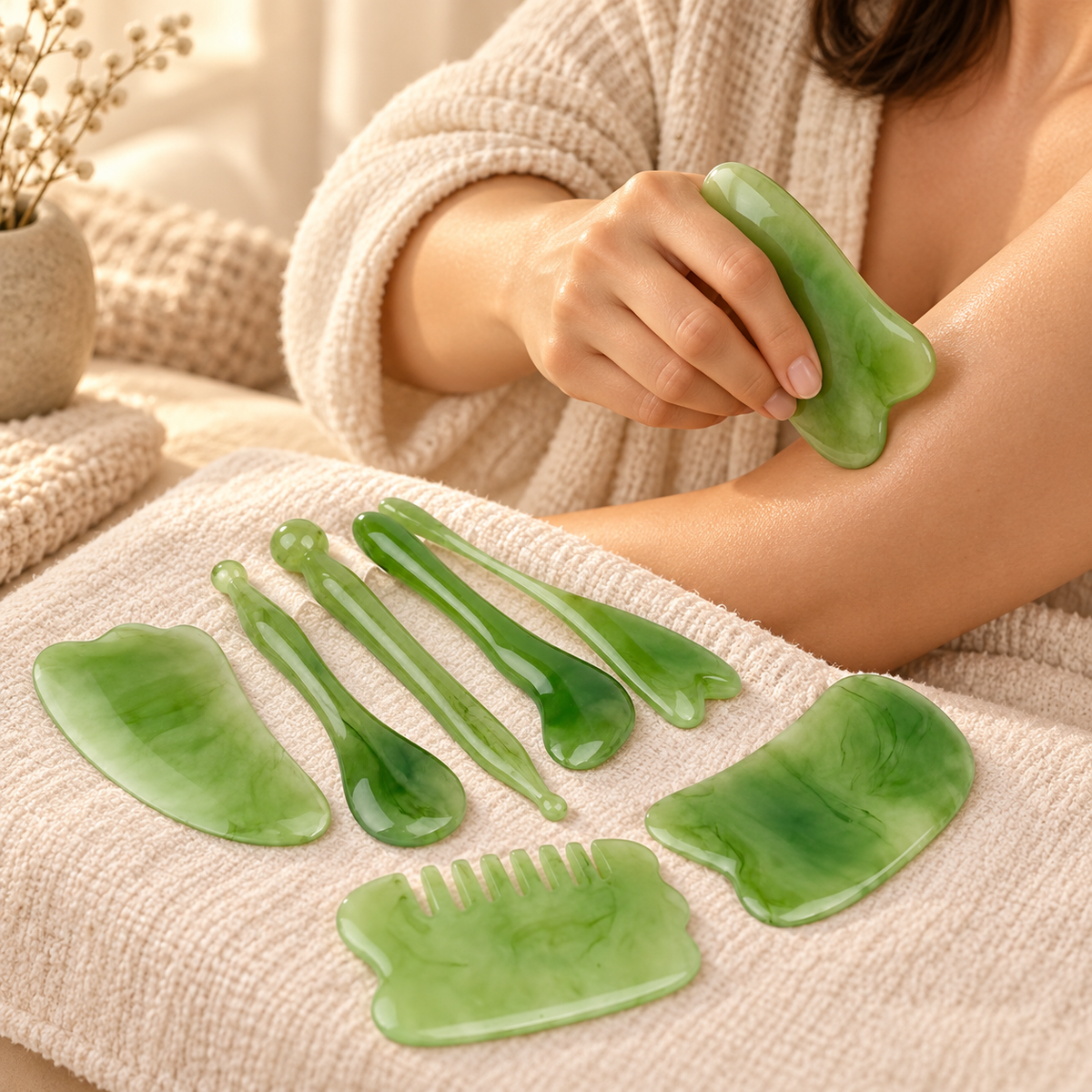 Face and Body Gua Sha Massage Set shown in a self-care routine