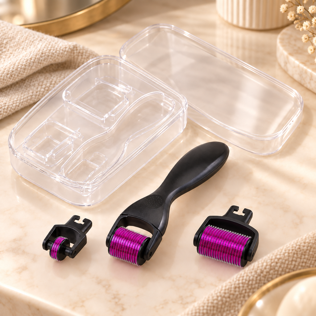At-Home Face and Body Micro-Roller Set in a warm neutral setting