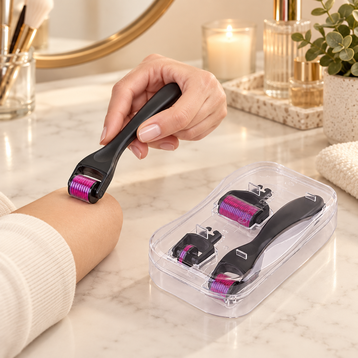 At-Home Face and Body Micro-Roller Set shown in a careful routine