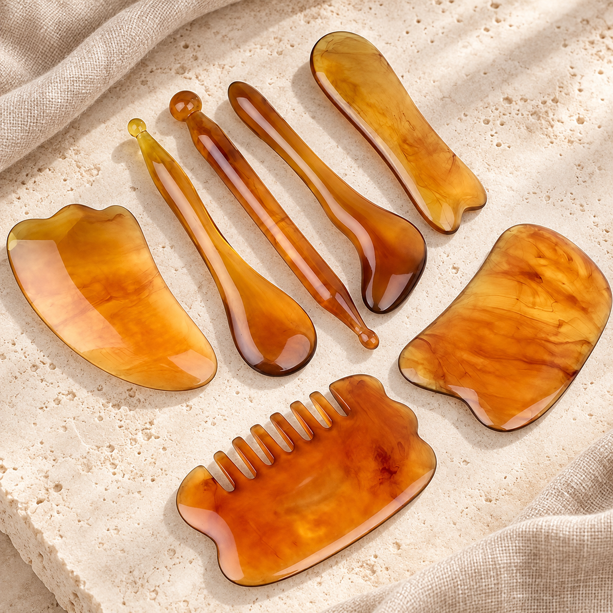 Face and Body Gua Sha Massage Set, Amber 7-piece set