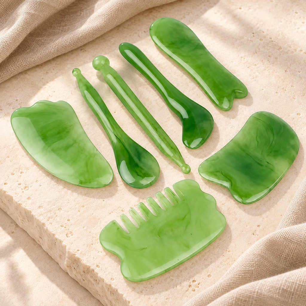 Face and Body Gua Sha Massage Set, Green 7-piece set