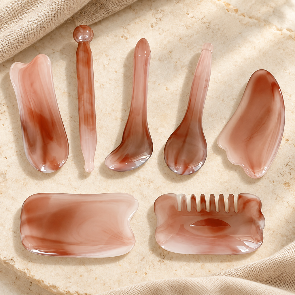 Face and Body Gua Sha Massage Set, Pink 7-piece set