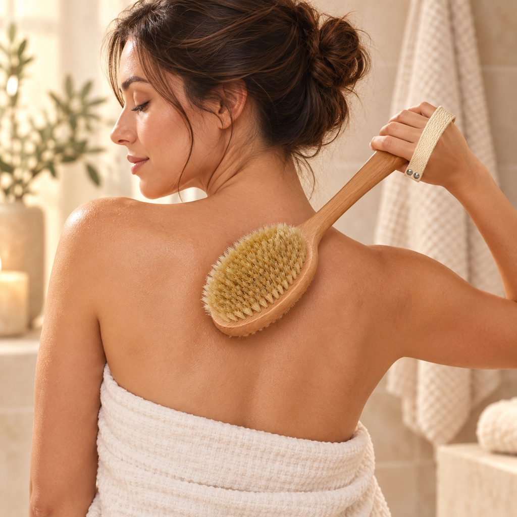 Natural Wood Body Brush shown in a body care routine