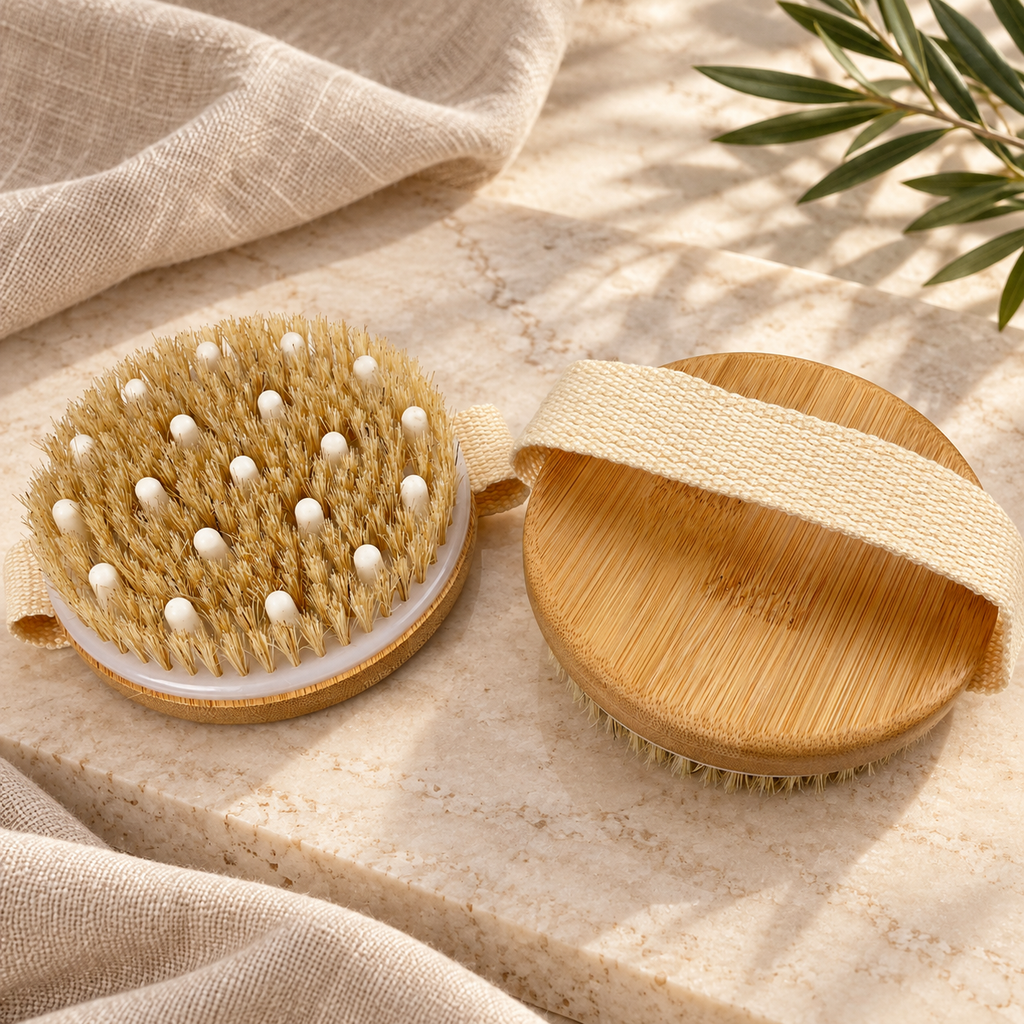 Natural Wood Body Brush, Moso Bamboo with Boar Bristle and Massage Beads