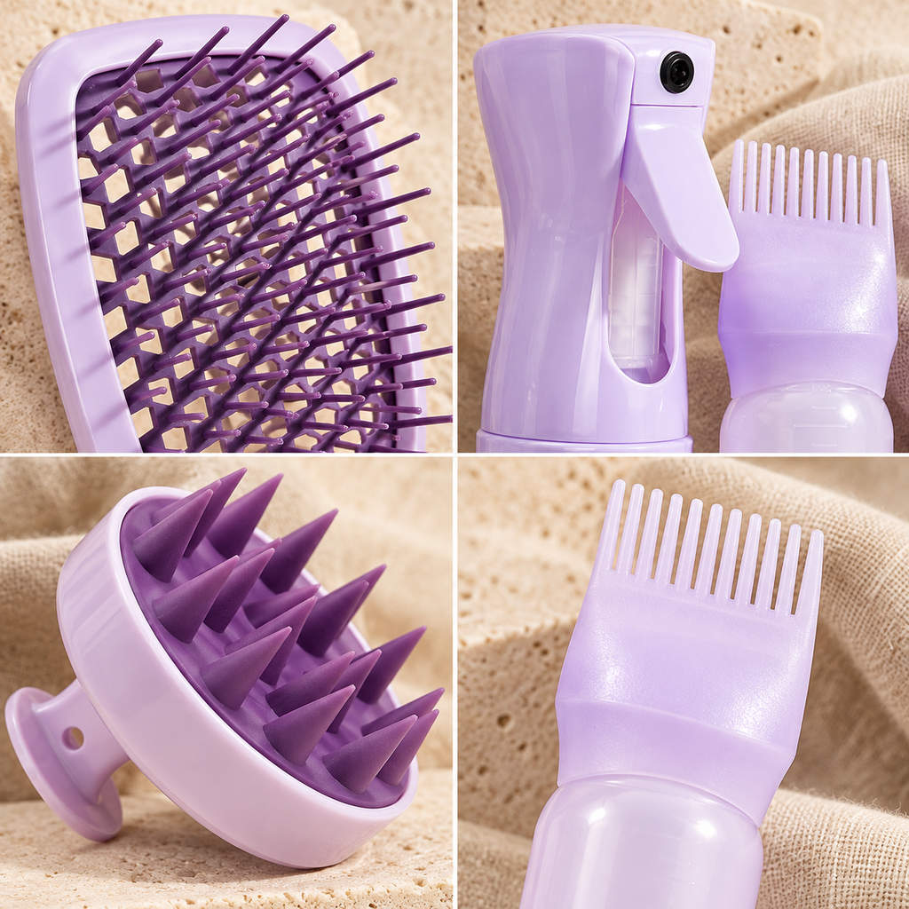 Close-up details of the Scalp Mist & Massage Brush Set