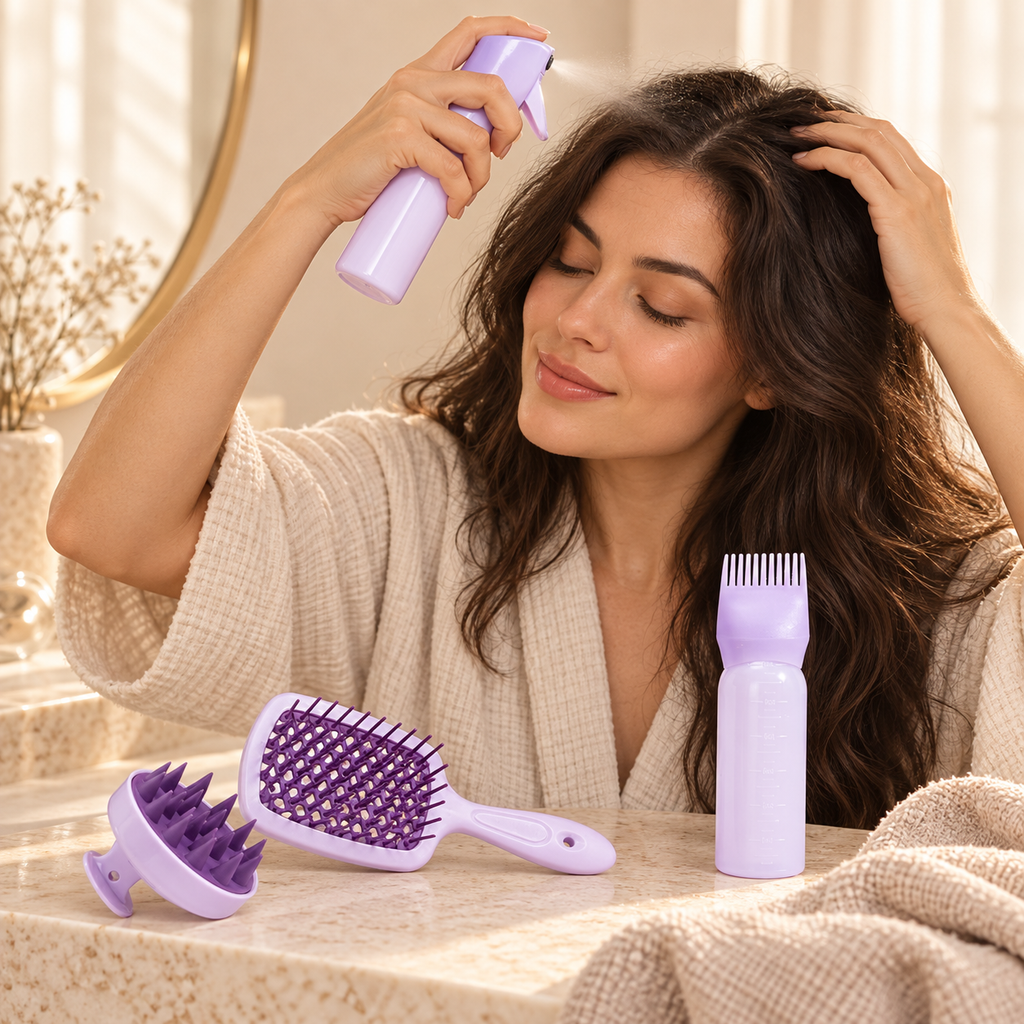 Scalp Mist & Massage Brush Set shown in a scalp care routine