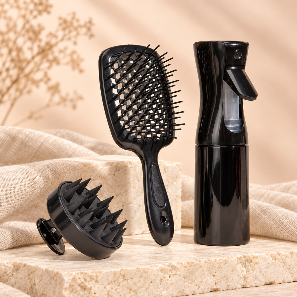 Scalp Mist & Massage Brush Set, Black 3-piece variation