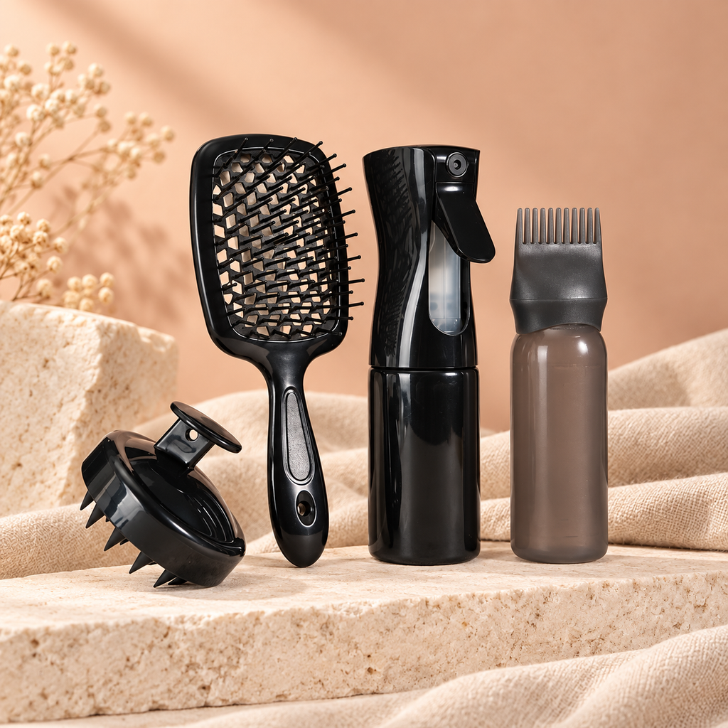 Scalp Mist & Massage Brush Set, Black 4-piece variation