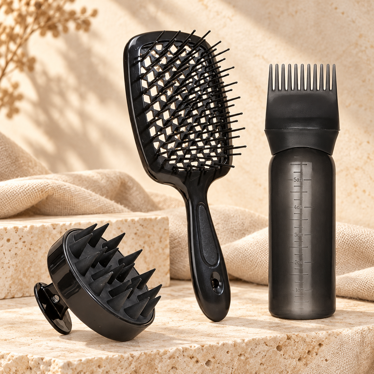 Scalp Mist & Massage Brush Set, Shampoo Bottle Black 3-piece variation
