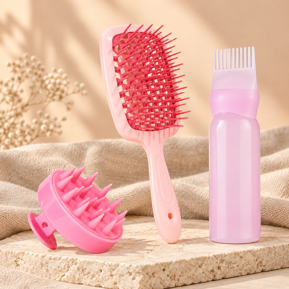 Scalp Mist & Massage Brush Set, Shampoo Bottle Pink 3-piece variation