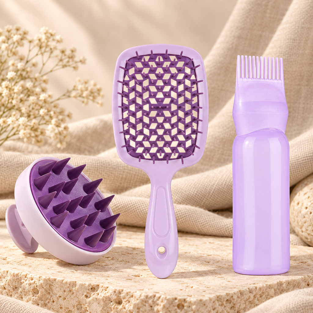 Scalp Mist & Massage Brush Set, Shampoo Bottle Purple 3-piece variation